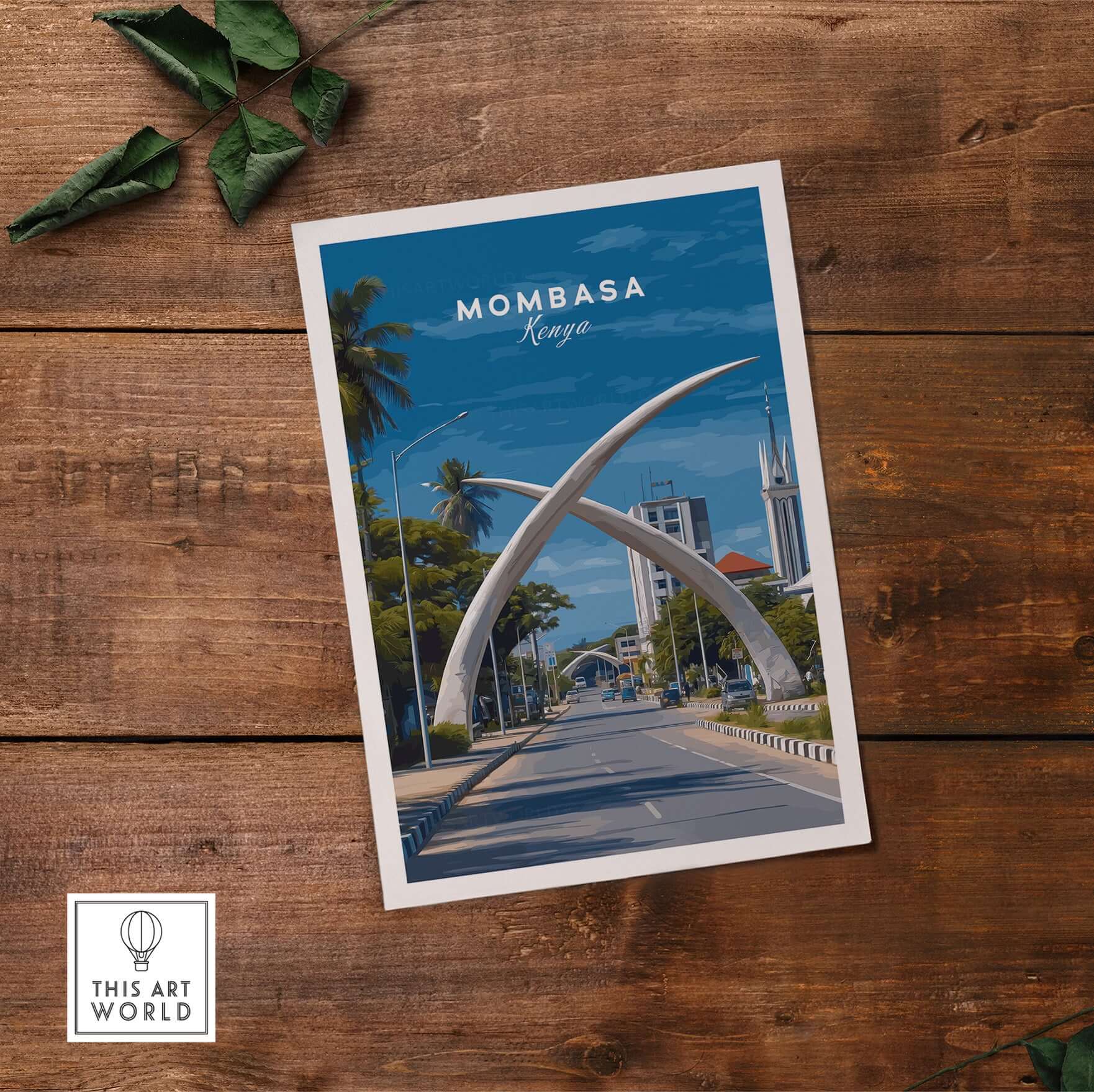 Mombasa City Gateway Print - Iconic Kenyan Travel Decor showcasing the iconic Mombasa tusks in a vibrant cityscape.