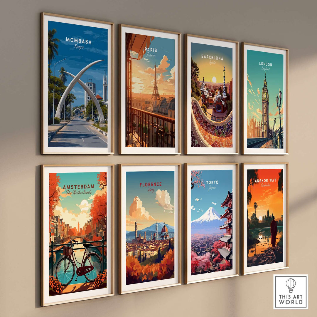 Gallery of iconic travel prints including Mombasa, Paris, and Tokyo, showcasing vibrant cityscapes and cultural landmarks.