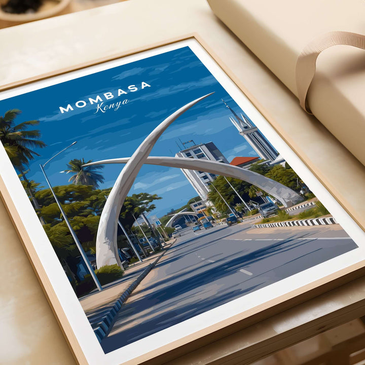 Mombasa City Gateway print showcasing iconic architecture of Kenya, vibrant travel decor for home inspiration.