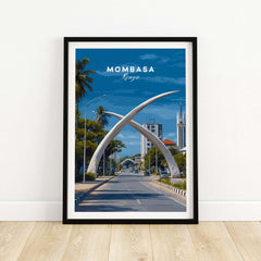 Mombasa City Gateway Print - Iconic Kenyan Travel Decor showcasing the iconic tusks and cityscape of Mombasa, Kenya.