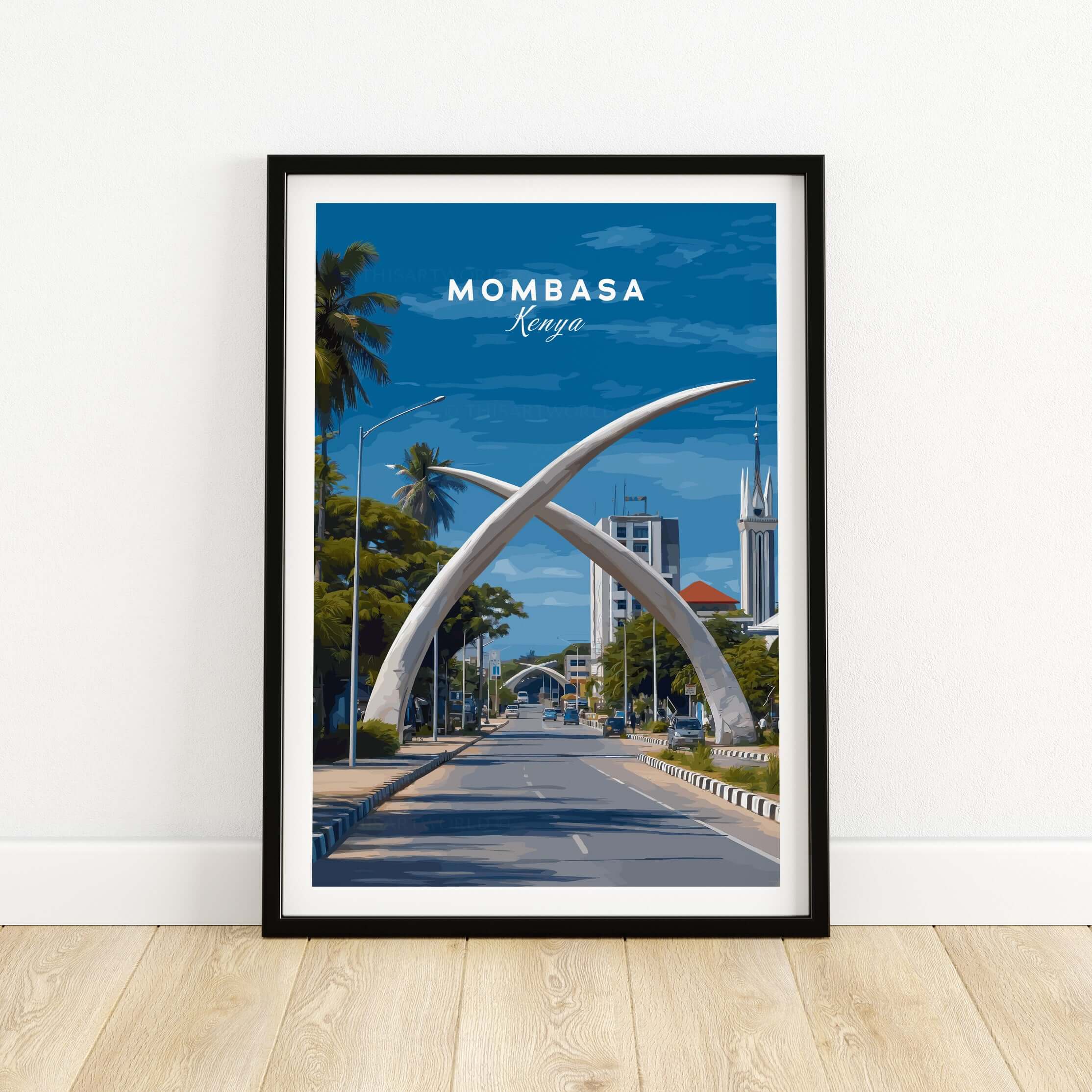 Mombasa City Gateway Print - Iconic Kenyan Travel Decor showcasing the iconic tusks and cityscape of Mombasa, Kenya.