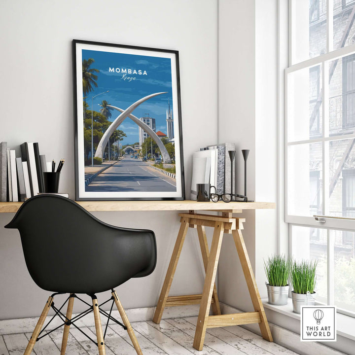Mombasa City Gateway Print showcasing iconic Kenyan travel decor in a modern workspace.