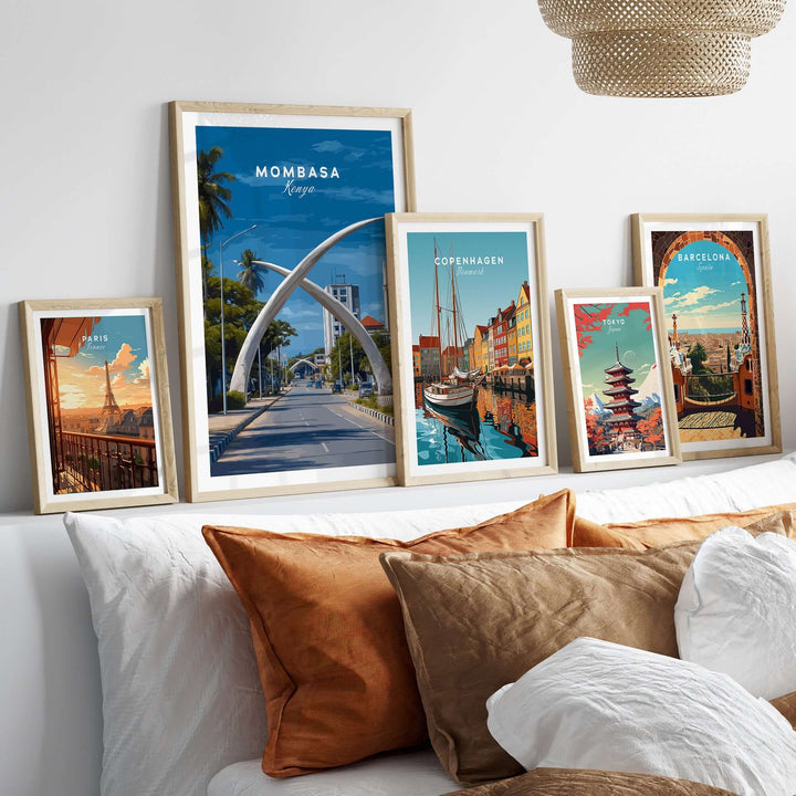 Mombasa City Gateway print showcased among iconic travel decor, adding a vibrant touch to home interiors.