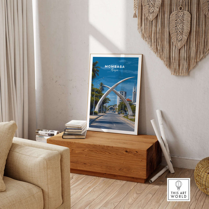 Mombasa City Gateway print displayed in a cozy living room, highlighting Kenyan travel decor and vibrant city culture.