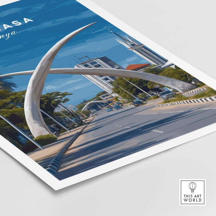 Mombasa City Gateway Print showcasing iconic architecture and vibrant street view in Kenya.
