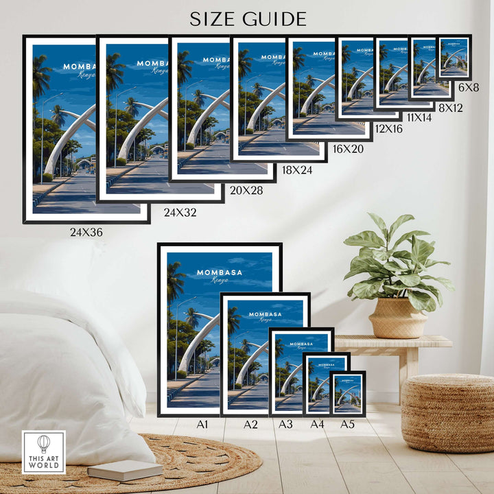 Mombasa City Gateway Print size guide showcasing various frame dimensions for iconic Kenyan travel decor.