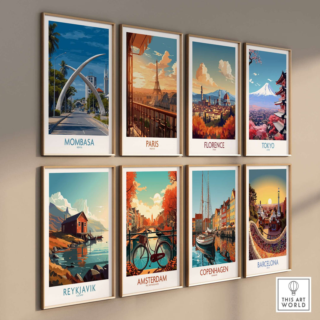Wall art collage featuring iconic landmarks: Mombasa, Paris, Florence, Tokyo, Reykjavik, Amsterdam, Copenhagen, Barcelona.