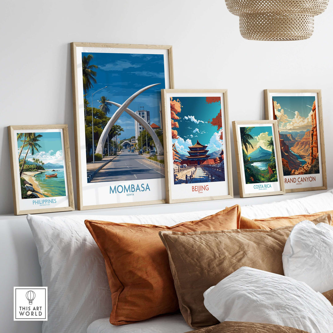Decorative wall art display featuring Mombasa, Kenya Elephant Tusks poster among other landmark prints.