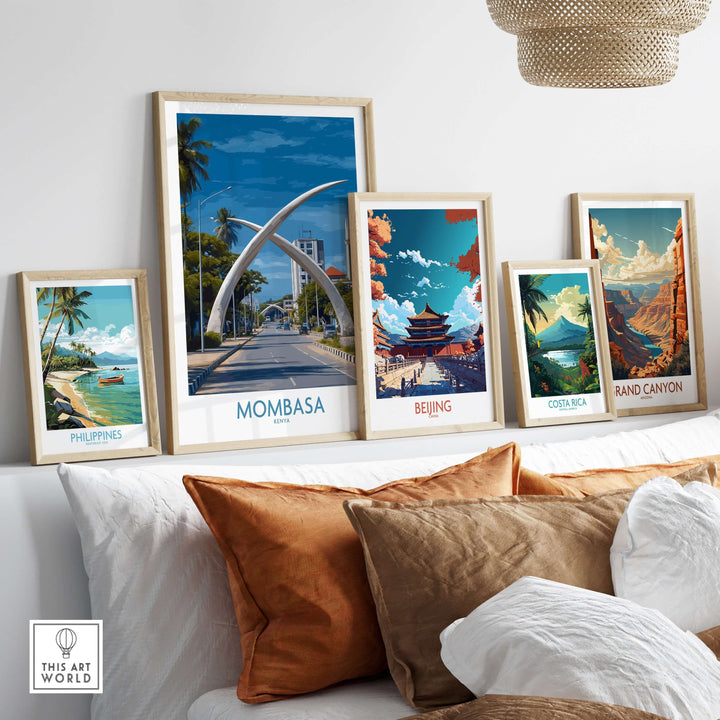 Decorative wall art display featuring Mombasa, Kenya Elephant Tusks poster among other landmark prints.