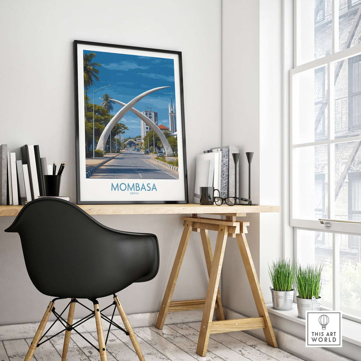 Mombasa Kenya Elephant Tusks poster displayed in a modern workspace, showcasing African landmark wall art.