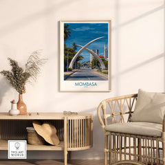 Mombasa Kenya Elephant Tusks Poster - African Landmark Wall Art displayed in a modern interior setting with decorative items.