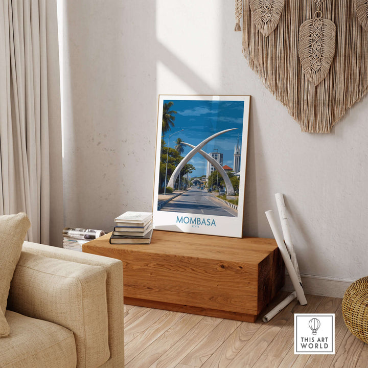 Mombasa Kenya Elephant Tusks poster displayed in a stylish room, highlighting African landmark wall art.