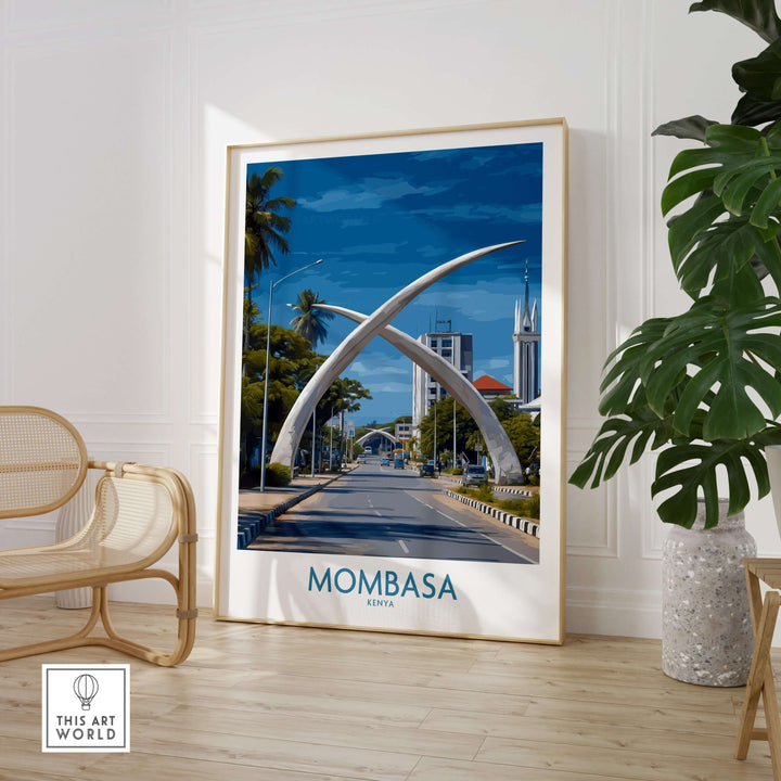 Mombasa Kenya Elephant Tusks poster showcasing African landmark wall art in a stylish interior setting.
