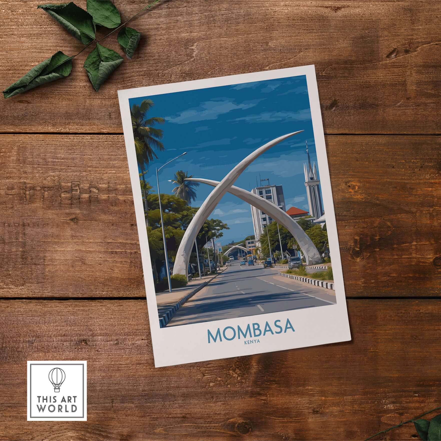Mombasa Kenya Elephant Tusks Poster - African Landmark Wall Art showcasing the iconic tusks against a blue sky.