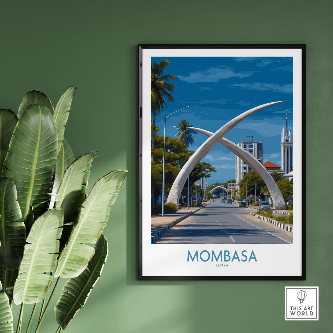 Mombasa Kenya Elephant Tusks Poster showcasing iconic landmark wall art in vibrant colors.