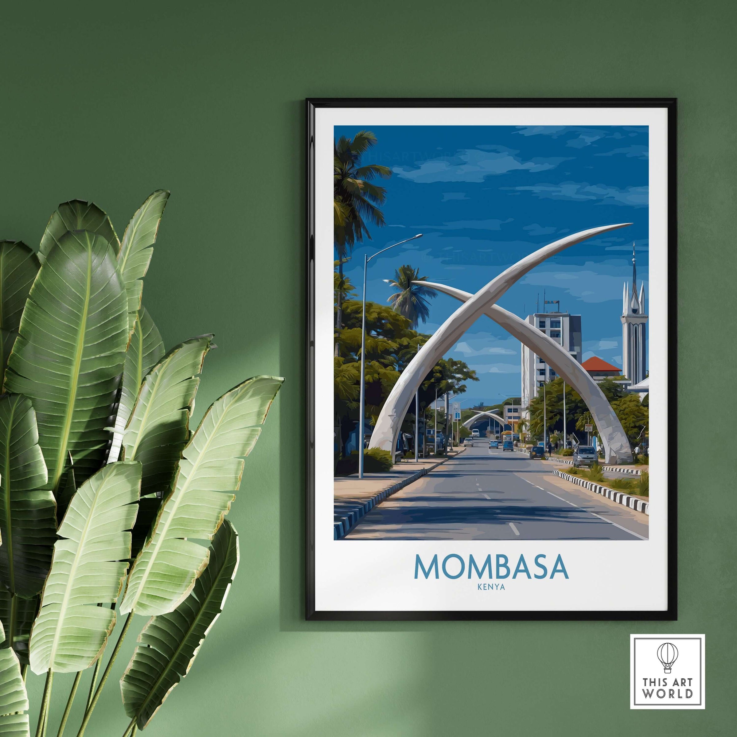 Mombasa Kenya Elephant Tusks Poster - African Landmark Wall Art showcasing the iconic tusks in a vibrant setting.