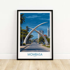Mombasa Kenya Elephant Tusks Poster - African Landmark Wall Art featuring iconic elephant tusks in a vibrant setting.