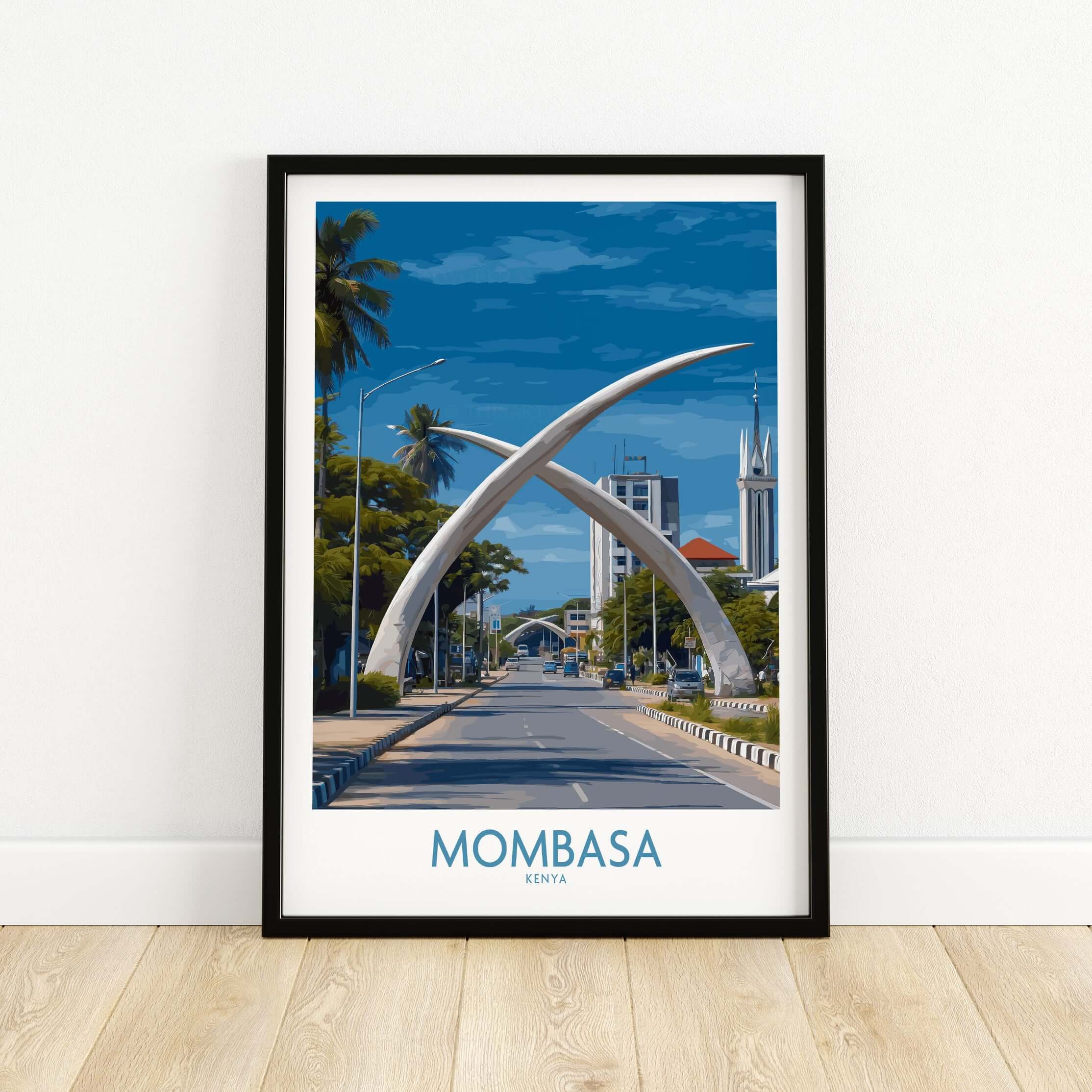 Mombasa Kenya Elephant Tusks Poster - African Landmark Wall Art featuring iconic elephant tusks in a vibrant setting.
