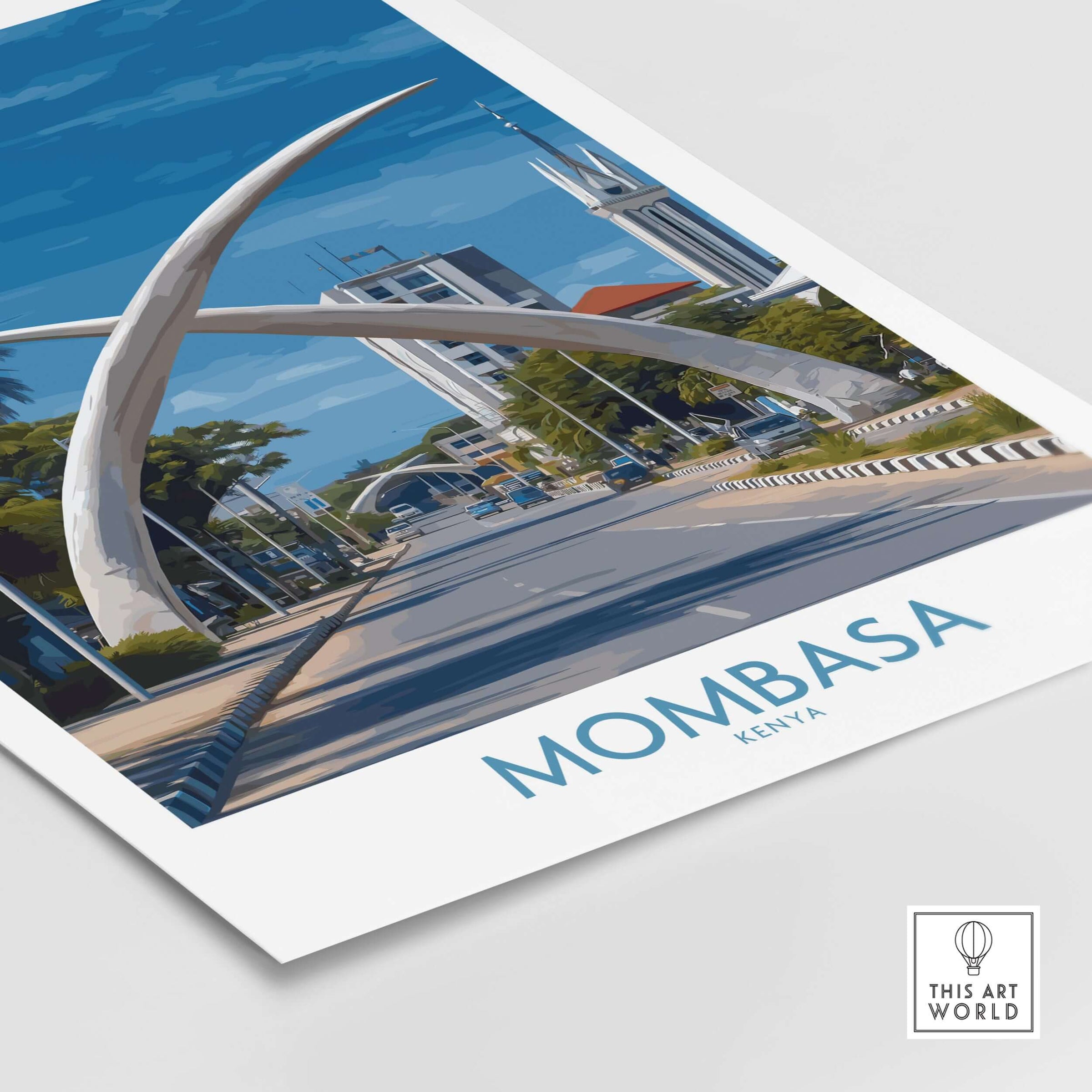 Mombasa Kenya Elephant Tusks Poster - African Landmark Wall Art showcasing the iconic tusks and cityscape.