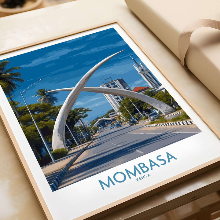 Mombasa Kenya Elephant Tusks poster featuring vibrant landmark wall art, ideal for African-inspired home decor.