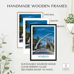 Mombasa Kenya Elephant Tusks Poster - African Landmark Wall Art framed in handmade wooden frames, available in natural, white, and black.