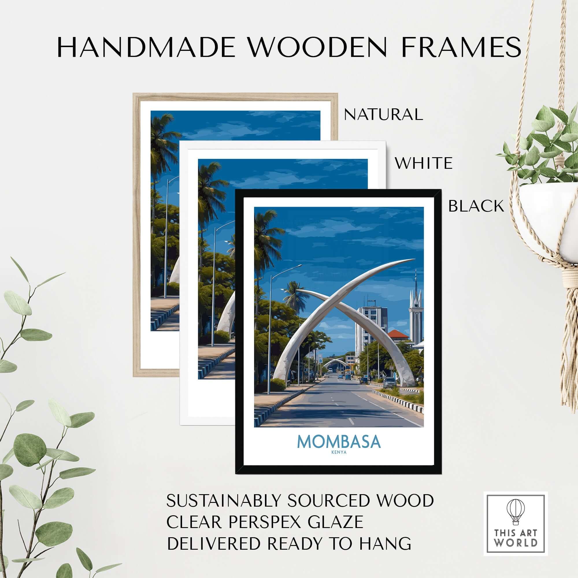 Mombasa Kenya Elephant Tusks Poster - African Landmark Wall Art framed in handmade wooden frames, available in natural, white, and black.