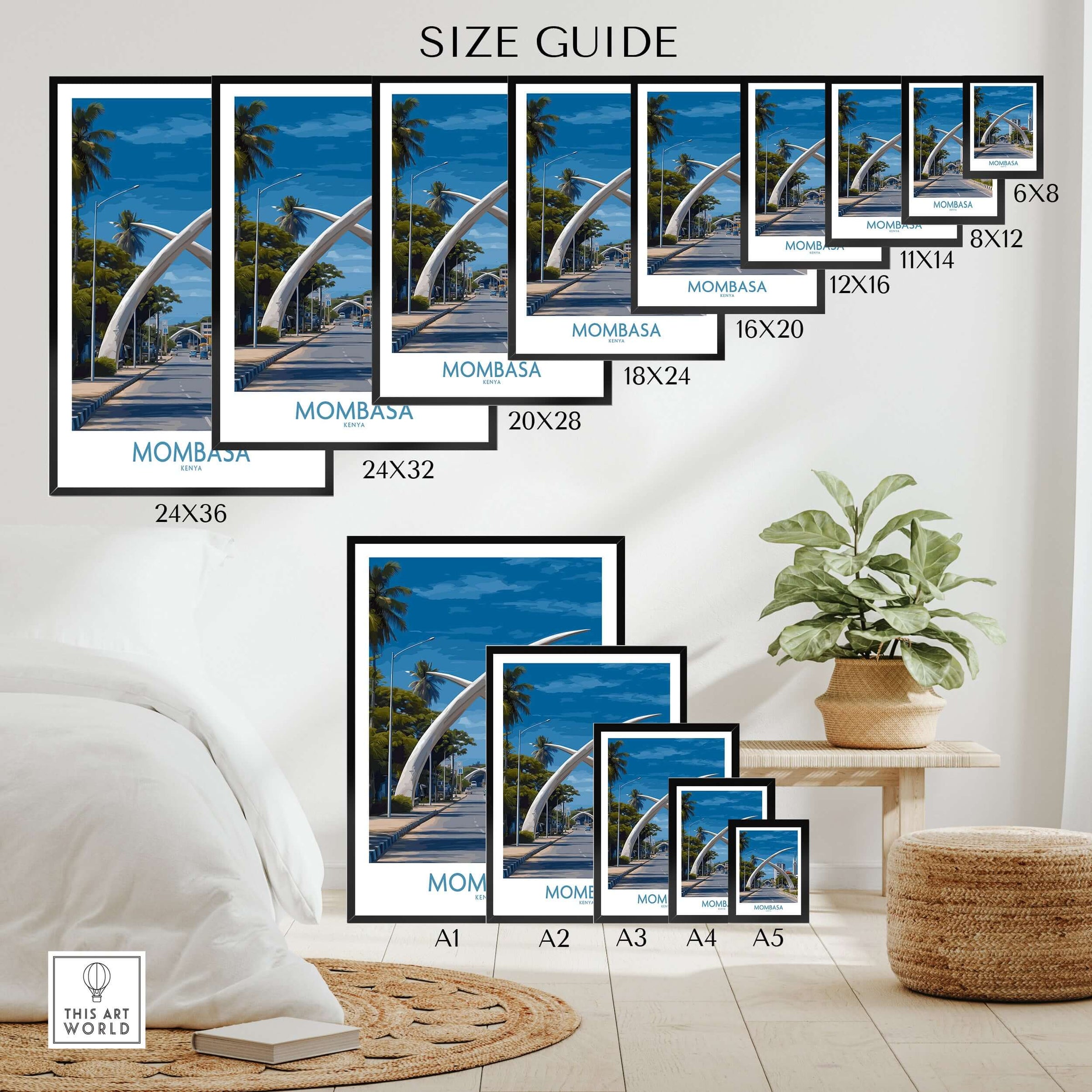 Mombasa Kenya Elephant Tusks Poster - African Landmark Wall Art size guide showcasing various frame sizes.