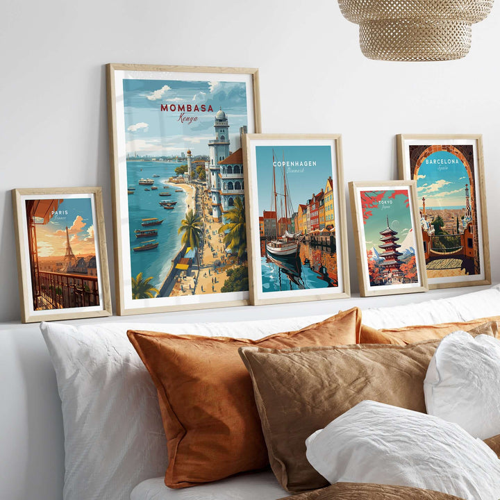 Mombasa Old Town print displayed among travel posters, showcasing vibrant coastal city scenes for home decor.