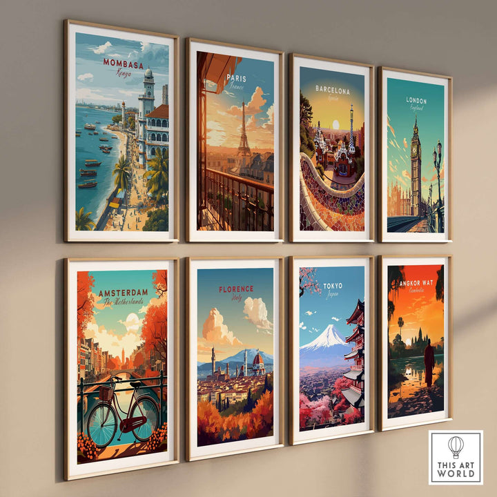 Gallery wall featuring travel posters of Mombasa, Paris, Barcelona, London, Amsterdam, Florence, Tokyo, and Angkor Wat.