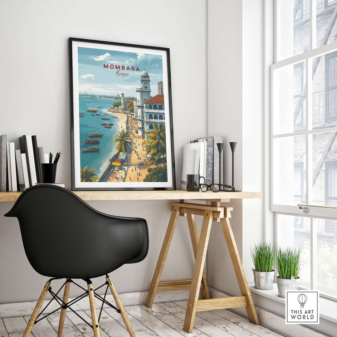 Mombasa Kenya Old Town print displayed in a stylish home office setting featuring coastal views.