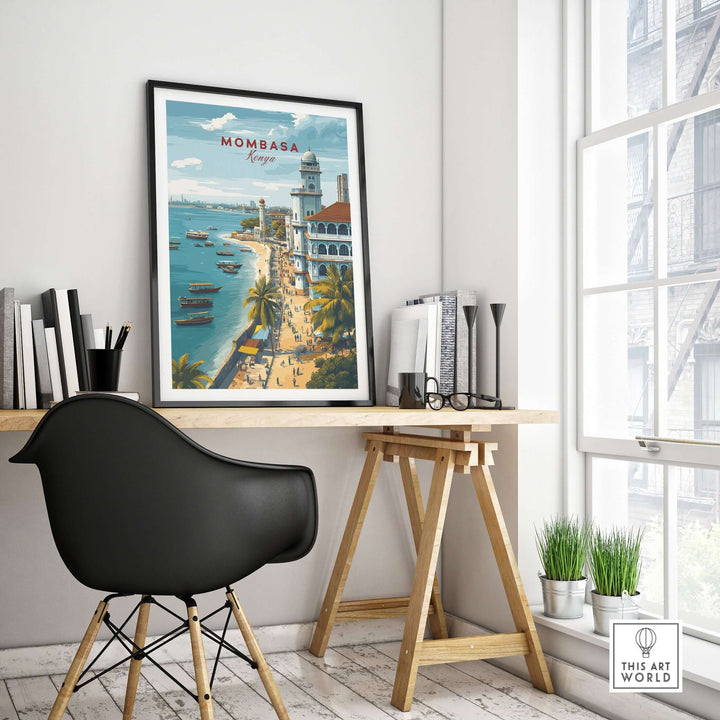 Mombasa Kenya Old Town print displayed in a stylish home office setting featuring coastal views.