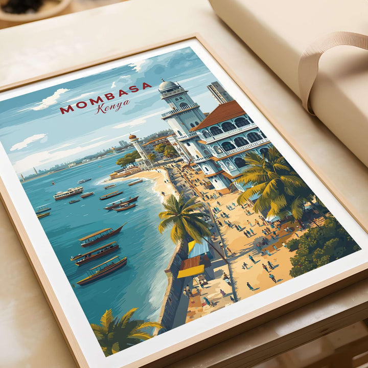 Mombasa Kenya Old Town print showcasing coastal views and vibrant beach life, perfect for home decor.