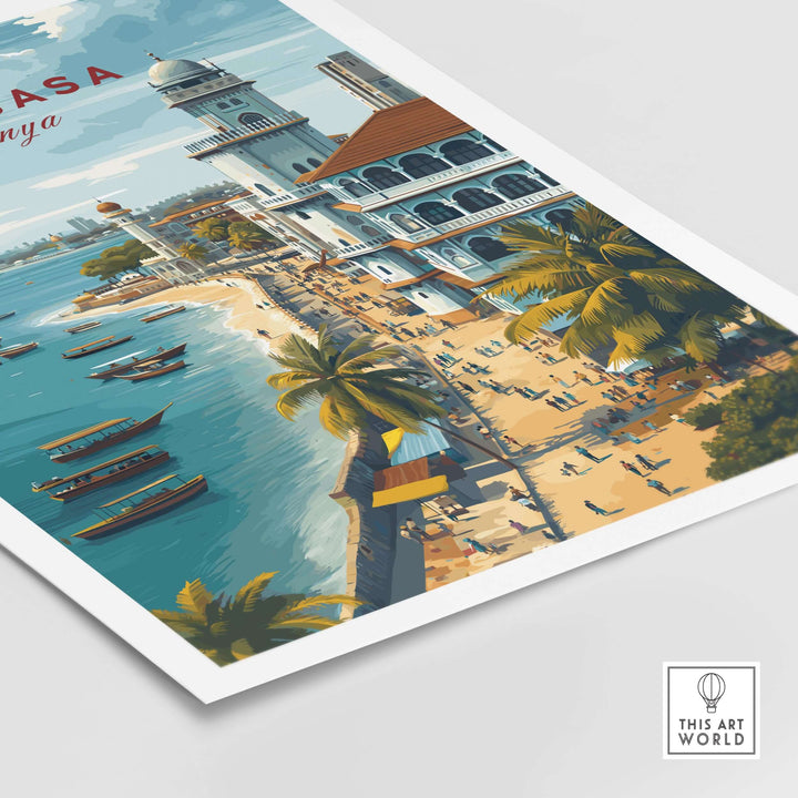Mombasa Kenya Old Town print showcasing coastal scenery, historic architecture, and vibrant beach life.