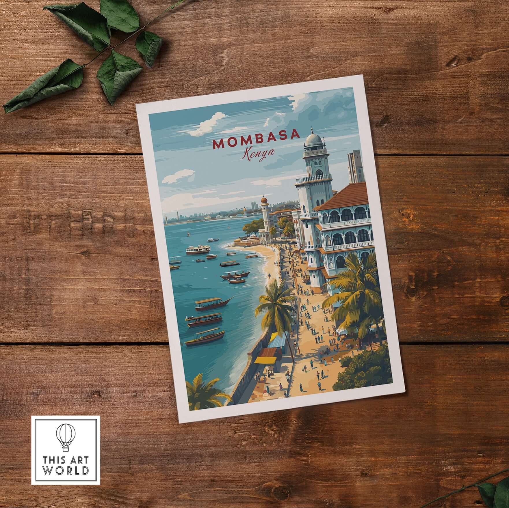 Mombasa Kenya Old Town Print - Historic Coastal City Poster showing vibrant coastal views and scenic architecture.