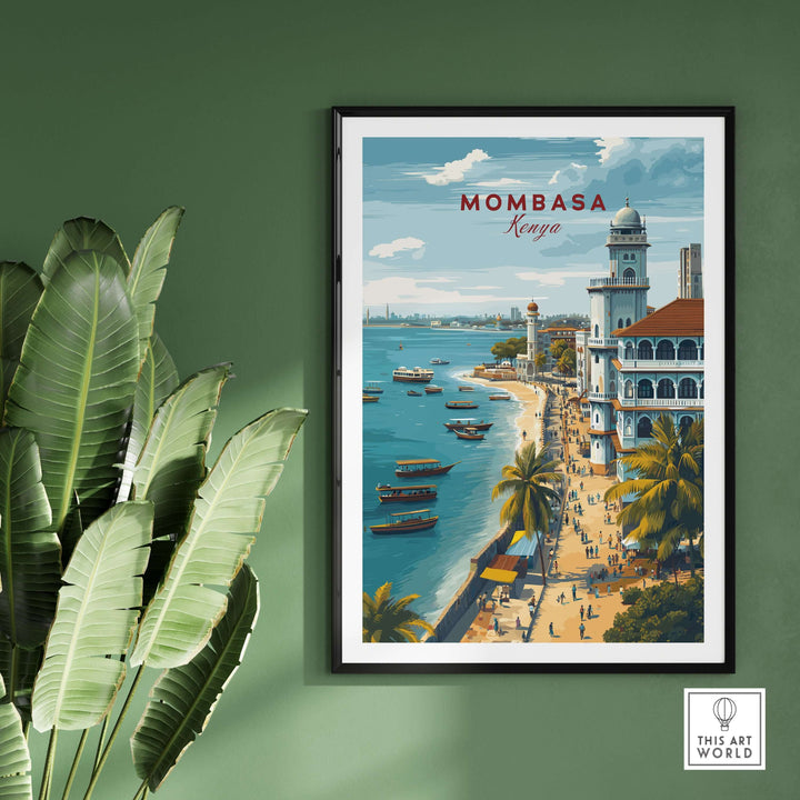 Mombasa Kenya Old Town coastal city poster with vibrant views and palm trees, enhancing home decor.