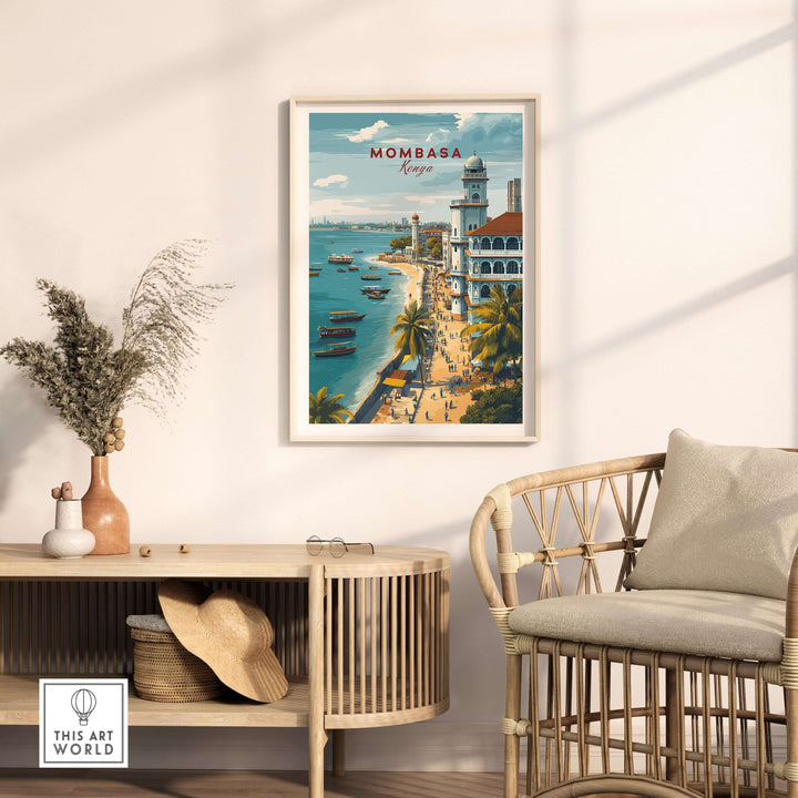 Mombasa Kenya Old Town print featuring coastal views, framed poster in stylish home decor setting.