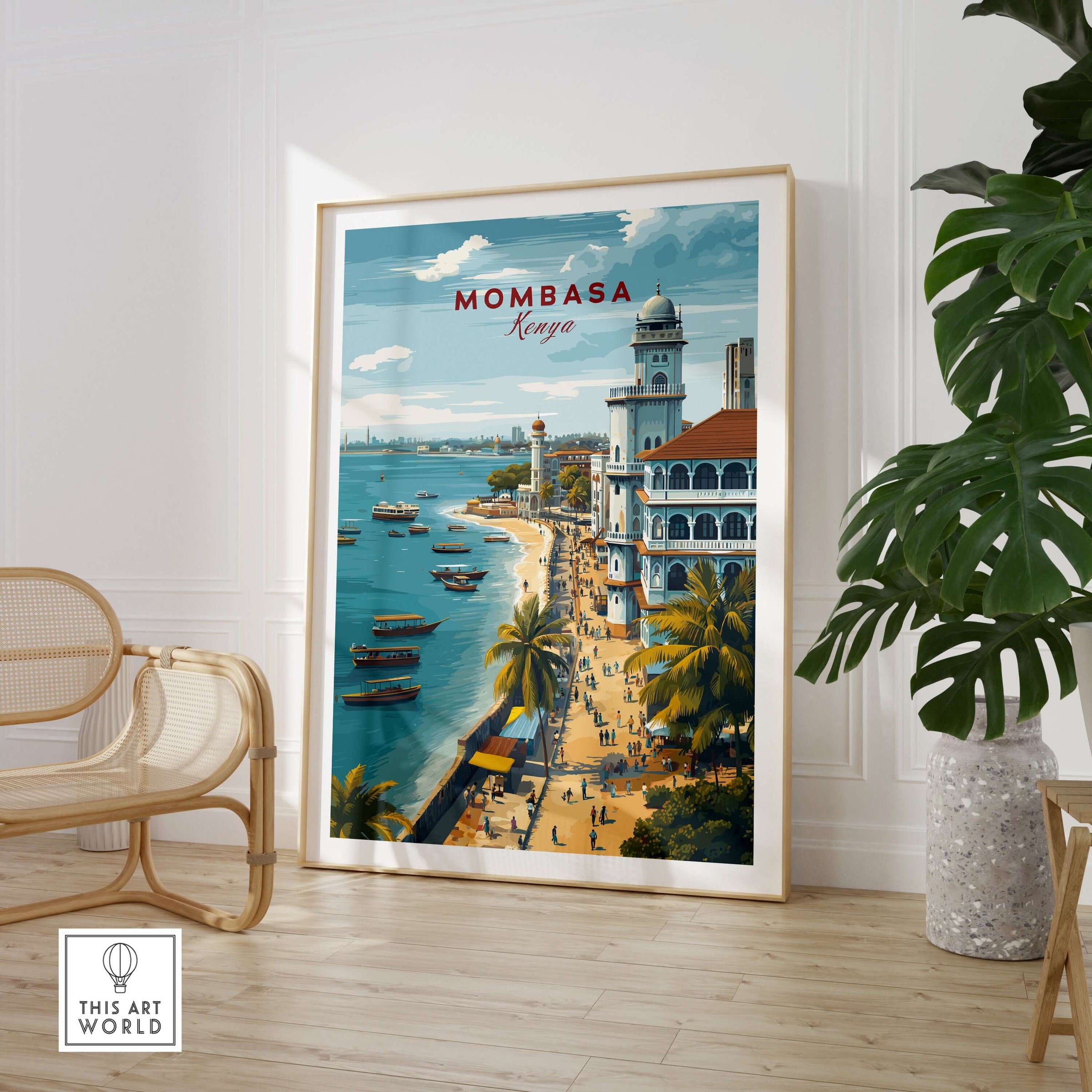 Mombasa Kenya Old Town Print - Historic Coastal City Poster showcasing scenic coastal views in a stylish interior.