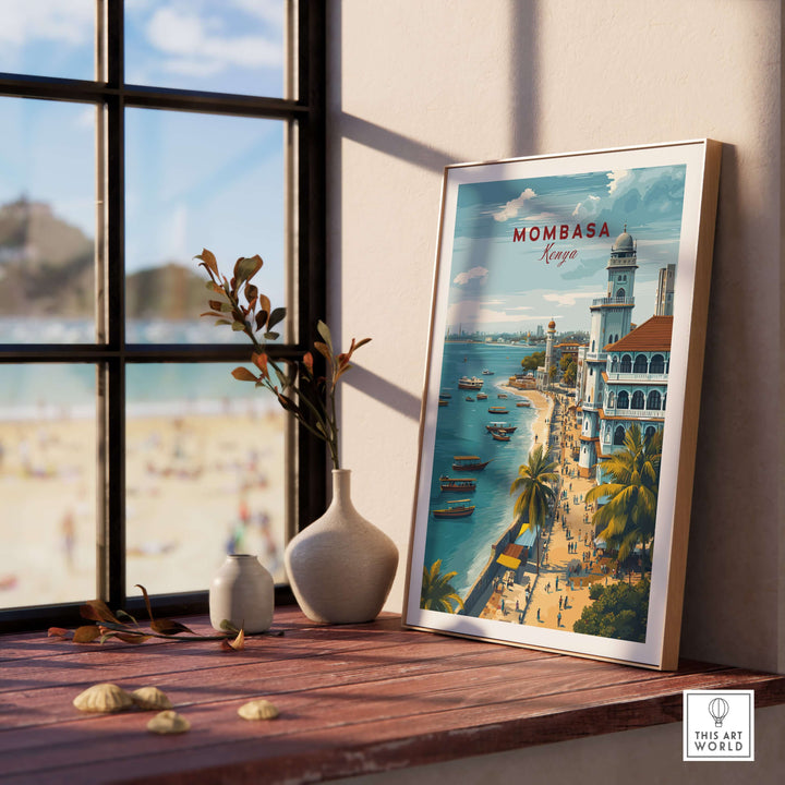 Mombasa Kenya Old Town print on a table, showcasing vibrant coastal views and historic architecture.