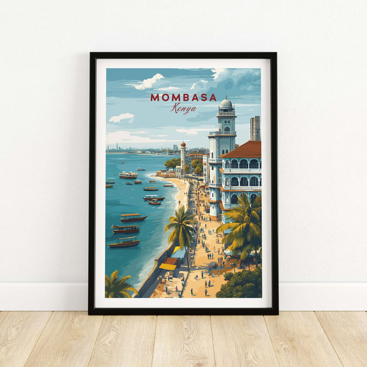 Mombasa Kenya Old Town Print showcasing a coastal city view with palm trees and boats, perfect for home decor.