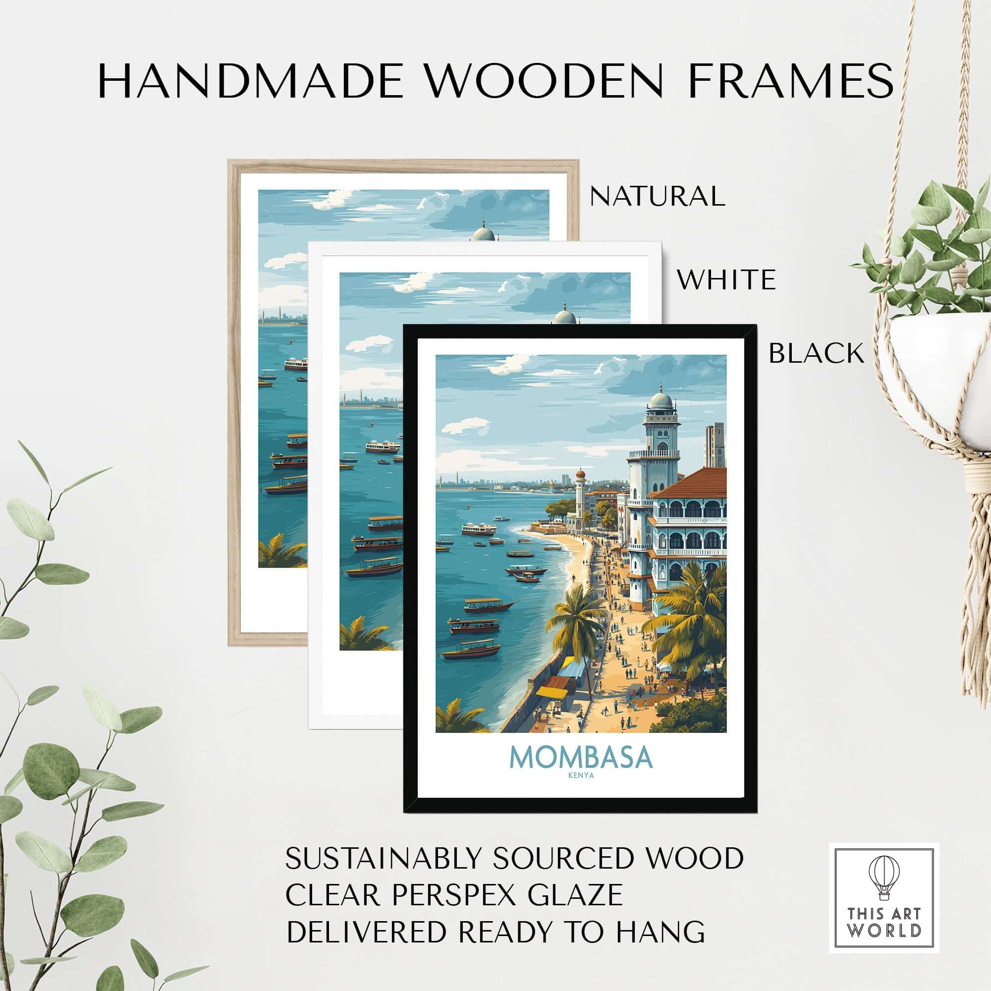 Mombasa Kenya Wall Art - Swahili Coast Travel Decor framed in natural, white and black handmade wooden frames.