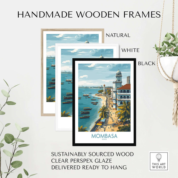 Display of handmade wooden frames in natural, white, and black for Mombasa wall art, showcasing sustainable craftsmanship.