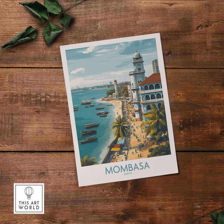 Mombasa Kenya wall art showcasing the Swahili coast with boats and palm trees, ideal for travel decor.