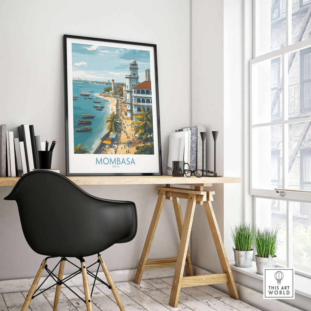Mombasa Kenya wall art featuring the Swahili Coast, showcasing vibrant culture and stunning scenery in a modern workspace.