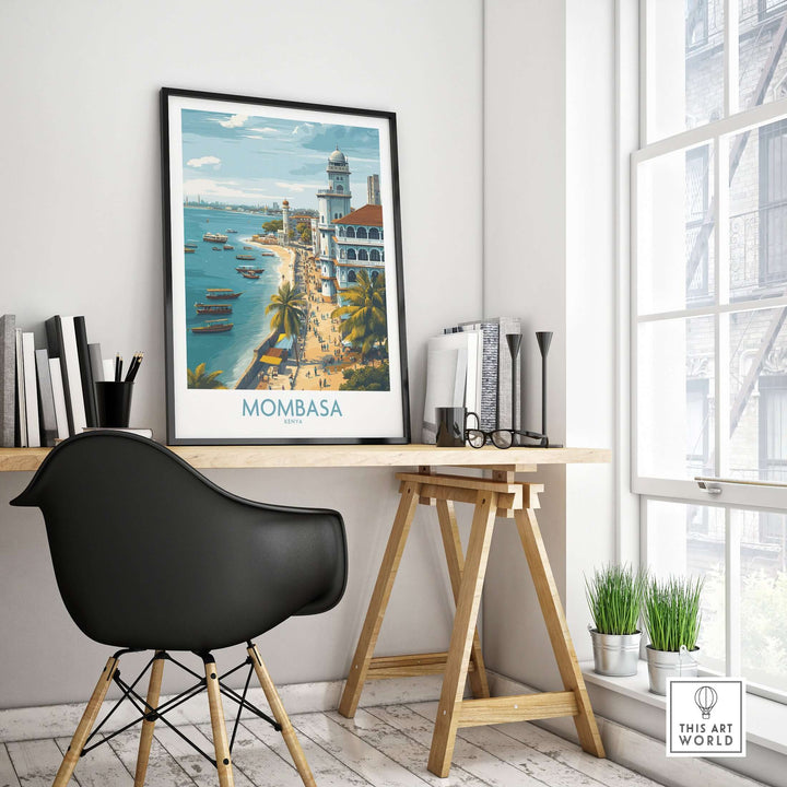 Mombasa Kenya wall art featuring the Swahili Coast, showcasing vibrant culture and stunning scenery in a modern workspace.