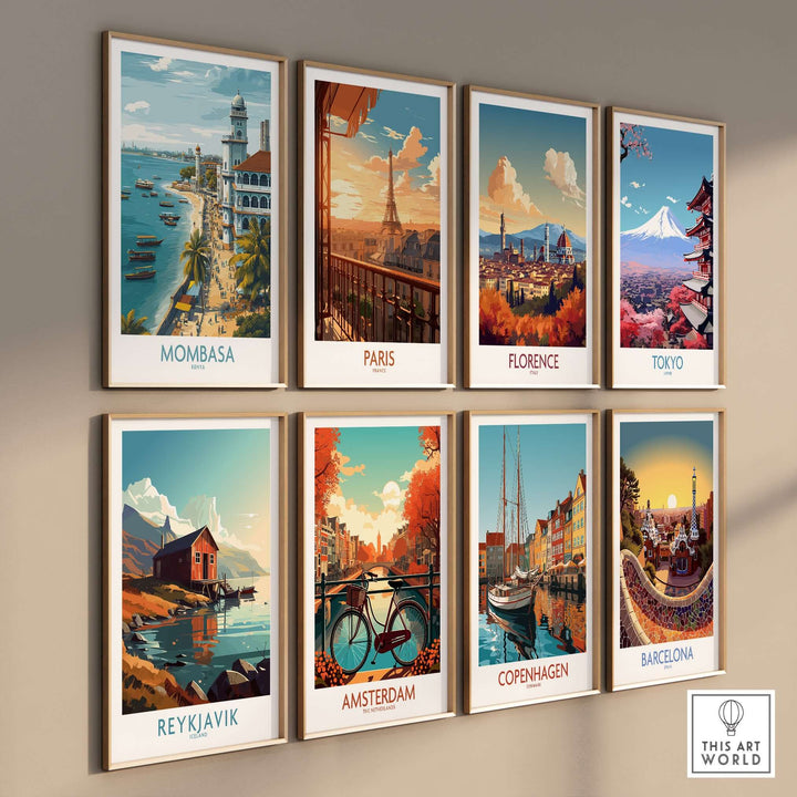 Stylish wall art display featuring Mombasa, Paris, Florence, Tokyo, Reykjavik, Amsterdam, Copenhagen, and Barcelona.