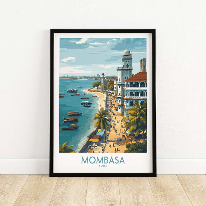 Mombasa Kenya wall art featuring coastal scenery and vibrant culture, perfect for travel decor.