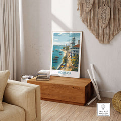 Mombasa Kenya Wall Art - Swahili Coast Travel Decor displayed in a cozy living room setting.