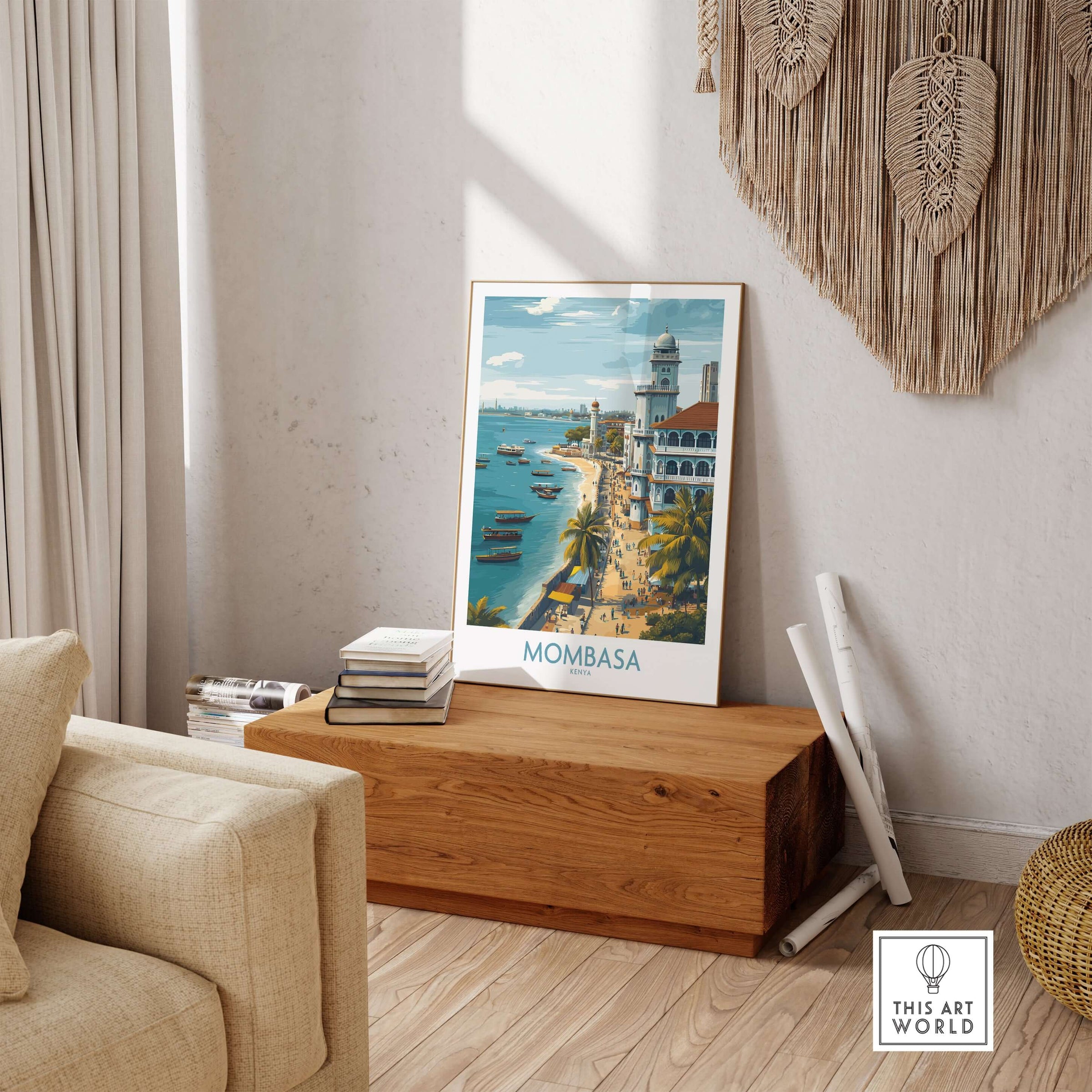 Mombasa Kenya Wall Art - Swahili Coast Travel Decor displayed in a cozy living room setting.