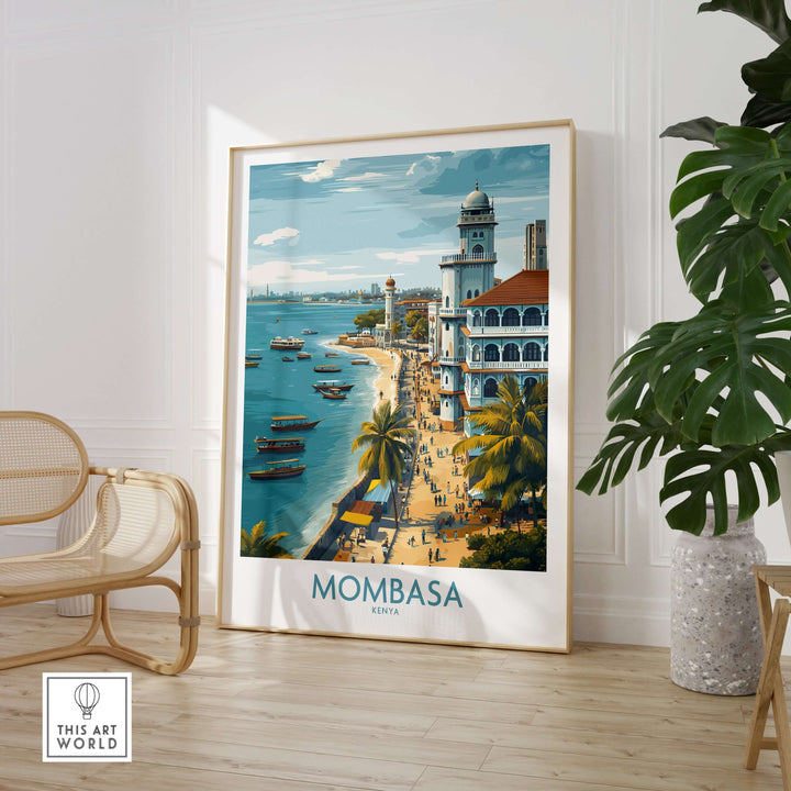 Colorful wall art of Mombasa, Kenya showcasing the beach, palm trees, and historic architecture for travel decor.