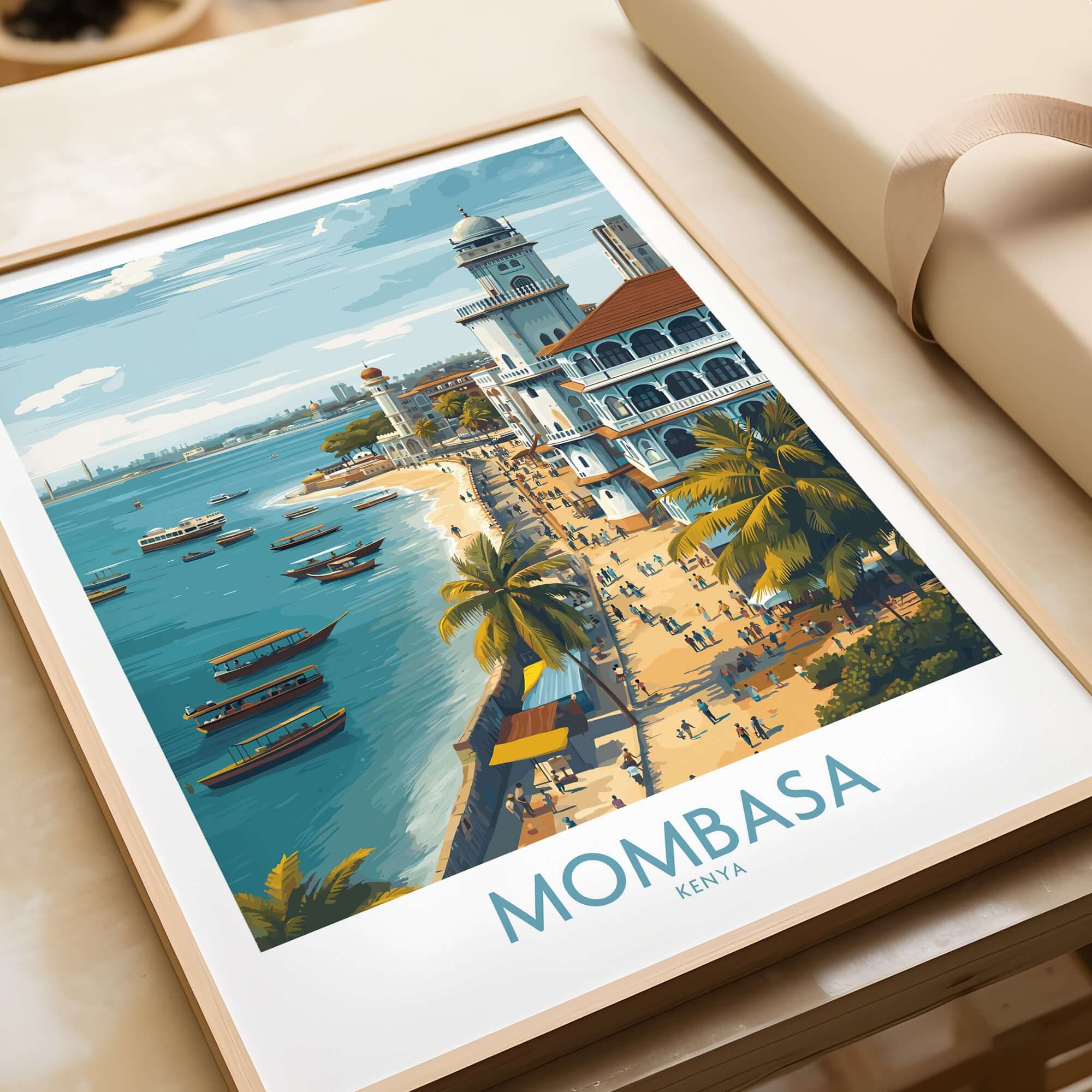 Mombasa Kenya Wall Art - Swahili Coast Travel Decor featuring vibrant coastal scenery and cultural landmarks.
